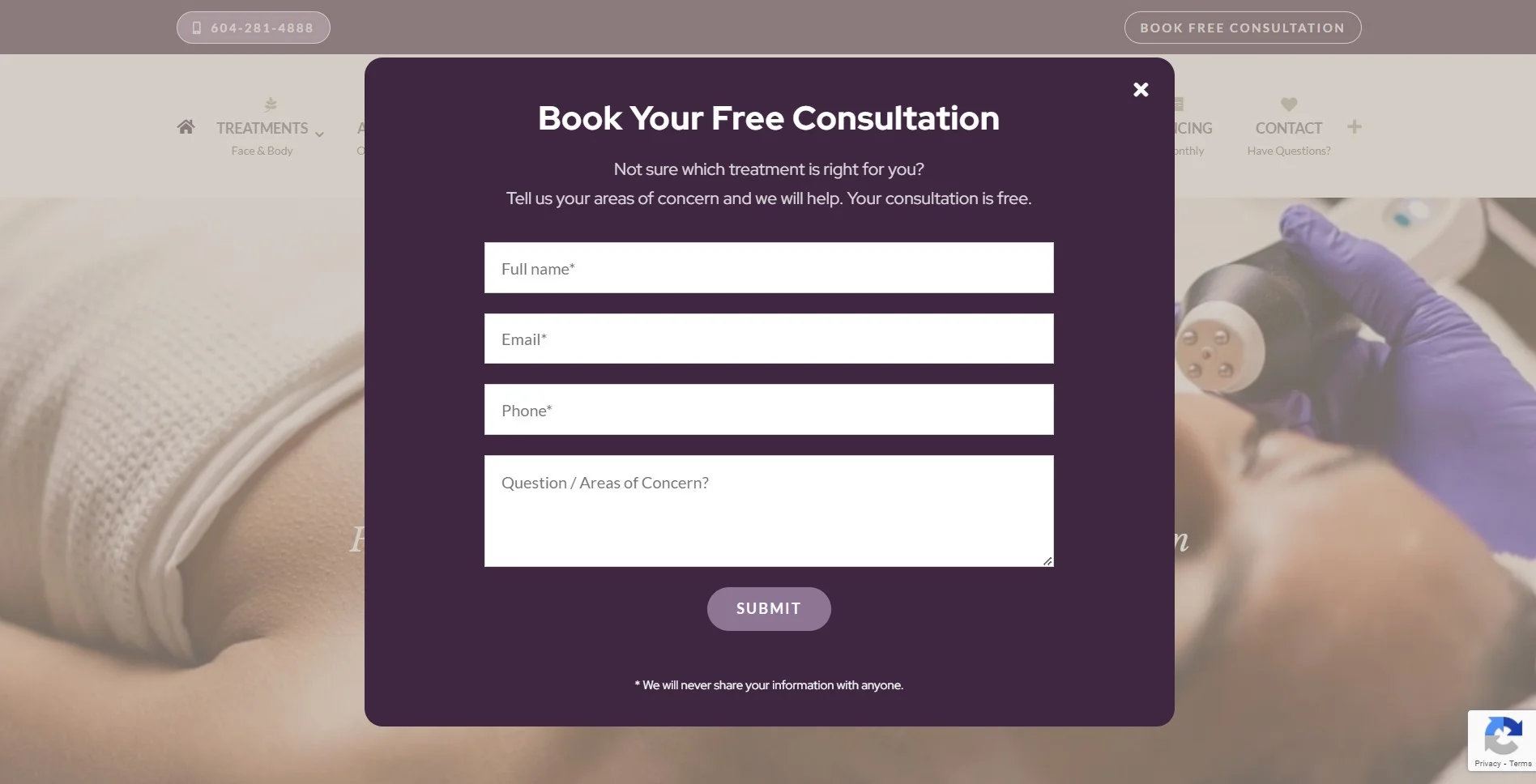 Pearlish Skin Clinic website popup
